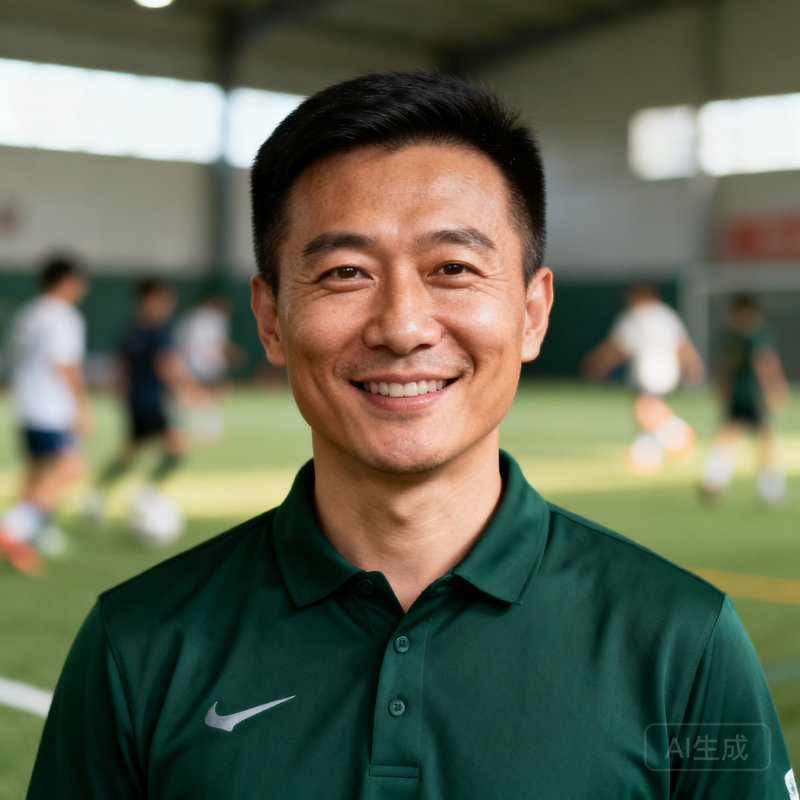 球探体育创始人兼总教练张明远的半身肖像照，他穿着深绿色教练服，面带微笑，背景是训练场上的学员身影，展现出一位经验丰富且亲和力十足的体育教育者形象