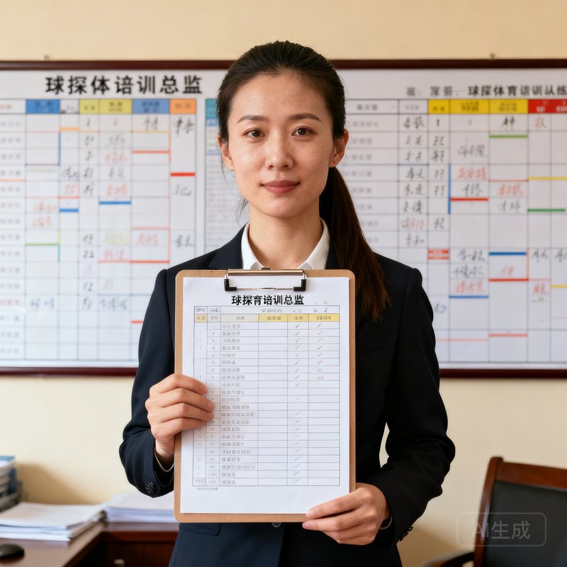 球探体育教研总监刘芳的正面肖像，她扎着干练的马尾，手持训练记录板，身后是挂满训练计划表的办公室墙面，展现出严谨专业的教研人员形象